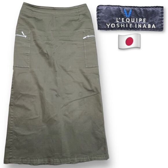 L'EQUIPE YOSHIE INABA A-Line Long Pencil Skirt Military Green Size 9 Cotton Blen - Picture 1 of 9